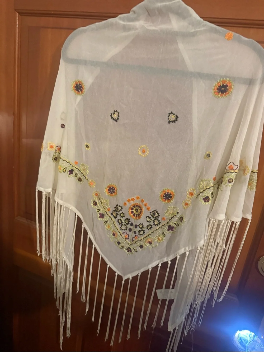 Liz Claiborne Cream Embroidered Fringe Shawl with Multicolor Floral Accents